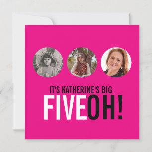 Bright pink 50th FIVEOH! photo birthday invite
