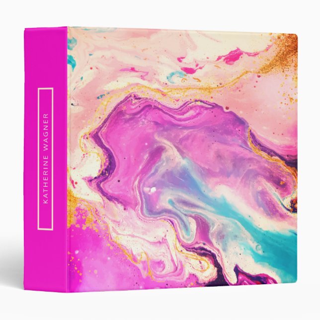 Bright Pink Abstract Paint Marble Art Monogram 3 Ring Binder (Front/Spine)