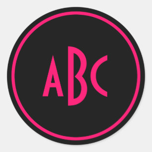 Bright Pink and Black Circle Monogram Classic Round Sticker