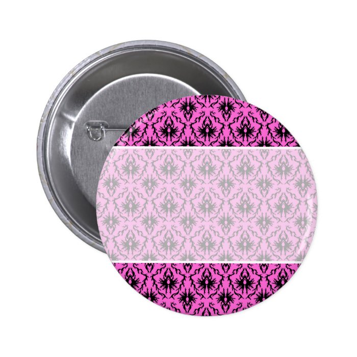 Bright Pink and Black Damask pattern. Pinback Button