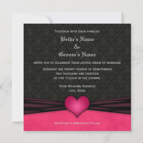 Bright Pink and Black Damask Wedding Invitations