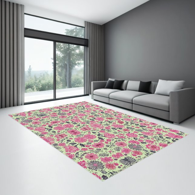 Bright Pink and Black Floral Pattern Modern Flower Rug (Insitu (Indoor 3))