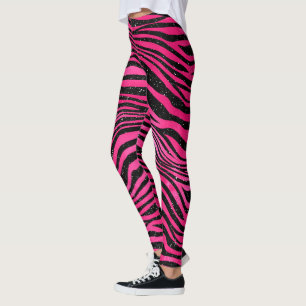 Bright Pink and Black Glam Animal Print Stripes Leggings