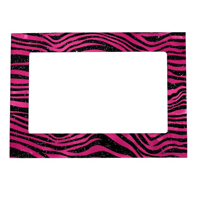 Bright Pink and Black Glam Animal Print Stripes Magnetic Frame (Front)