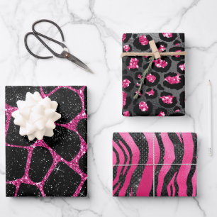 Bright Pink and Black Glam Animal Prints Wrapping Paper Sheets