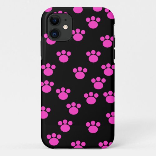 Bright Pink and Black Paw Print Pattern iPhone 11 Case