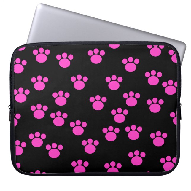 Bright Pink and Black Paw Print Pattern. Laptop Sleeve (Front)
