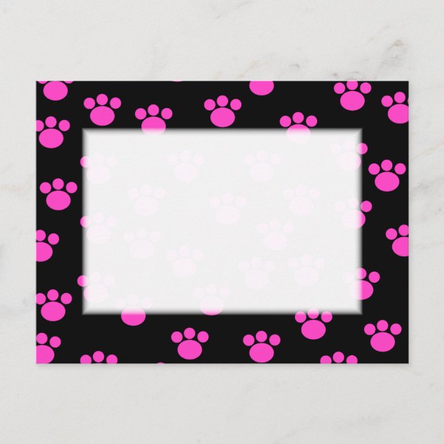 Bright Pink and Black Paw Print Pattern. Postcard (Front)