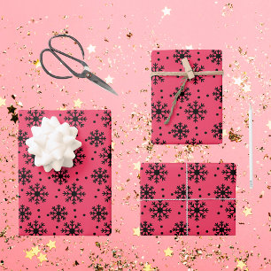 Bright Pink and Black Snowflake Pattern Christmas Wrapping Paper Sheets