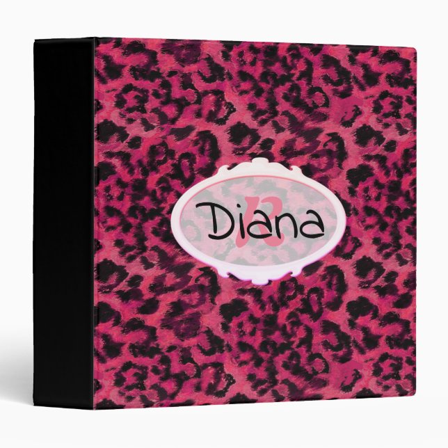 Bright pink and black spotted leopard 3 ring binde 3 ring binder (Front/Spine)
