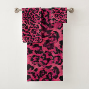 Bright pink and black spotted leopard bath towel set