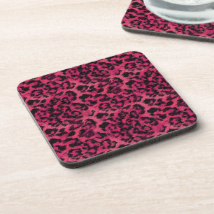 Bright pink and black spotted leopard beverage coaster