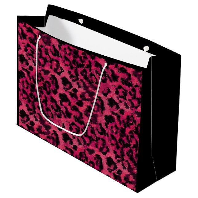 Bright pink and black spotted leopard large gift bag (Front Angled)