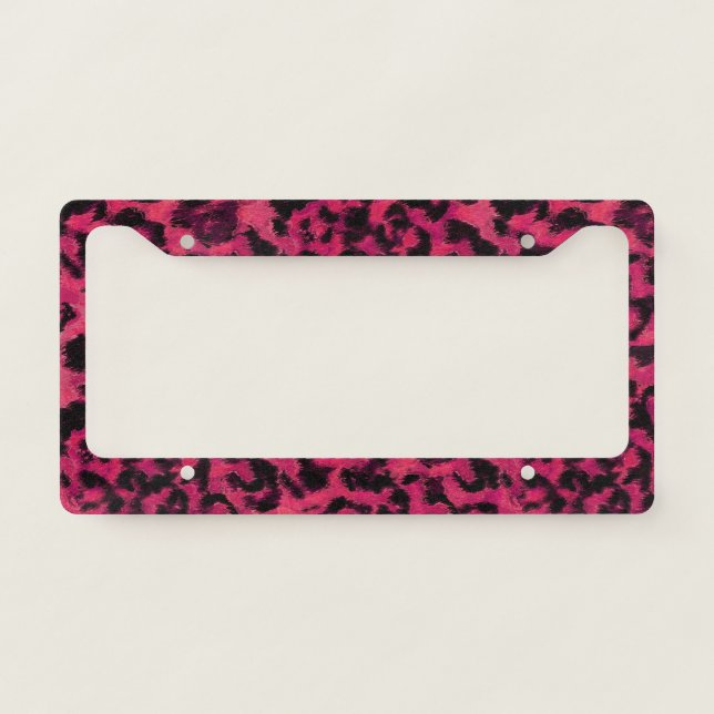 Bright pink and black spotted leopard license plate frame (Front)