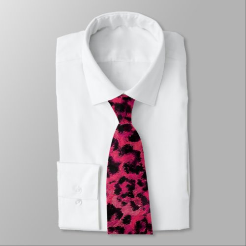 Bright pink and black spotted leopard neck tie