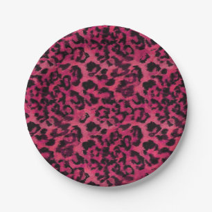 Bright pink and black spotted leopard paper plates