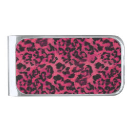 Bright pink and black spotted leopard silver finish money clip