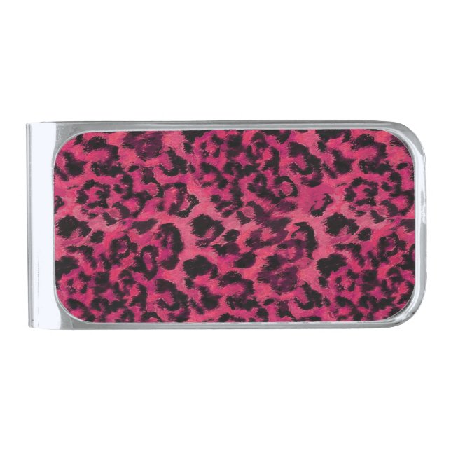 Bright pink and black spotted leopard silver finish money clip (Front)