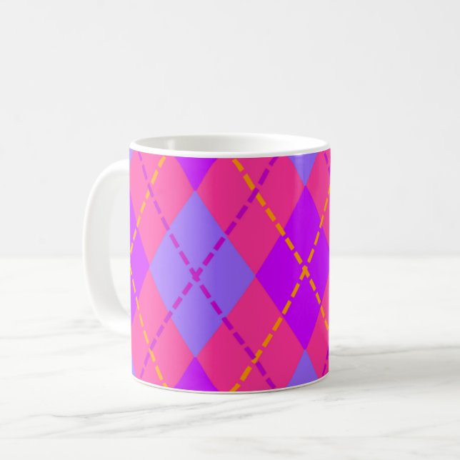 Bright Pink and Blue Argyle Pattern Coffee Mug (Front Left)