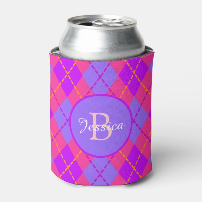 Bright Pink and Blue Argyle Pattern Monogram Can Cooler (Can Front)