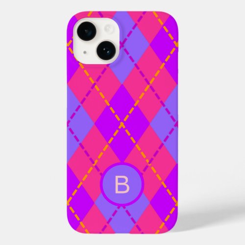 Bright Pink and Blue Argyle Pattern Monogram Case_Mate iPhone 14 Case