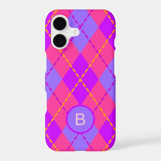 Bright Pink and Blue Argyle Pattern Monogram Iphone Case (Back)