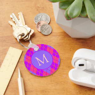 Bright Pink and Blue Argyle Pattern Monogram Keychain