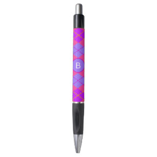 Bright Pink and Blue Argyle Pattern Monogram Pen