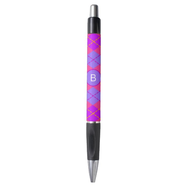 Bright Pink and Blue Argyle Pattern Monogram Pen (Front Vertical)