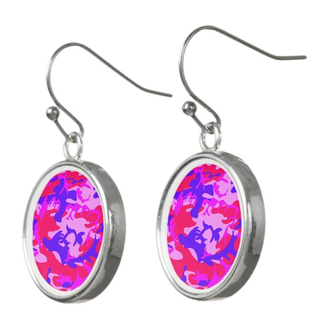 Bright Pink and Blue Camouflage Drop Earrings (Angled)