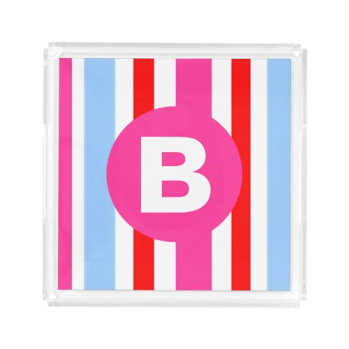 Bright Pink and Blue Candy Stripes Monogram Acrylic Tray