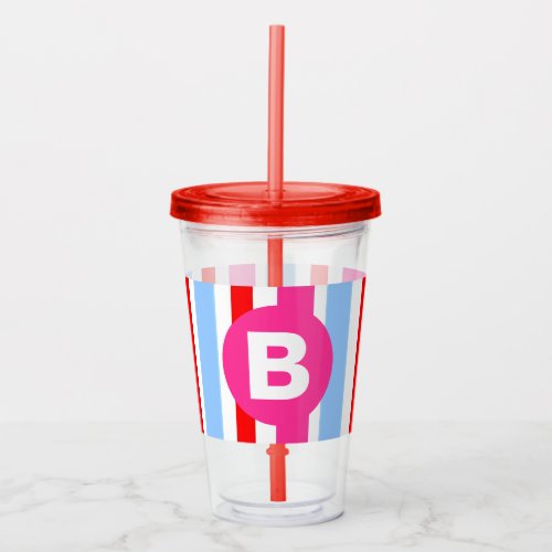 Bright Pink and Blue Candy Stripes Monogram Acrylic Tumbler