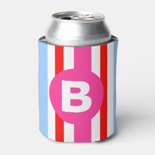 Bright Pink and Blue Candy Stripes Monogram Can Cooler