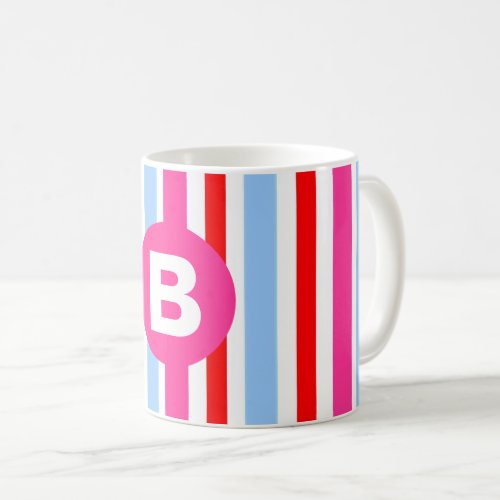 Bright Pink and Blue Candy Stripes Monogram Coffee Mug