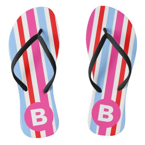 Bright Pink and Blue Candy Stripes Monogram Flip Flops