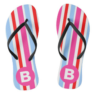 Bright Pink and Blue Candy Stripes Monogram Flip Flops