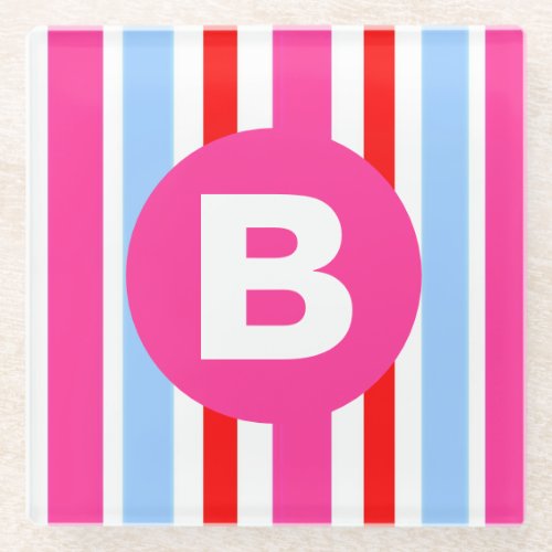 Bright Pink and Blue Candy Stripes Monogram Glass Coaster