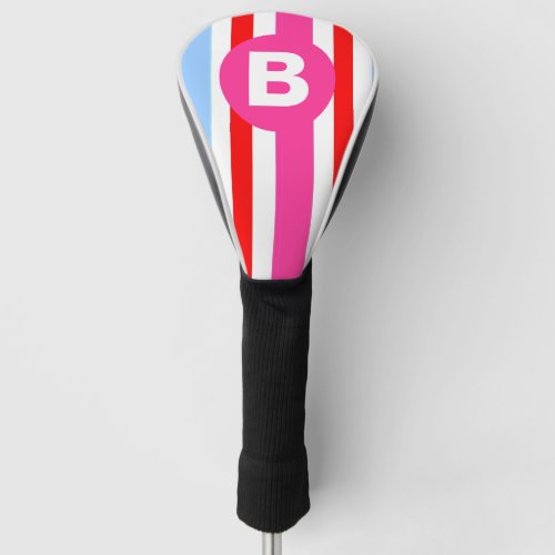 Bright Pink and Blue Candy Stripes Monogram Golf Head Cover