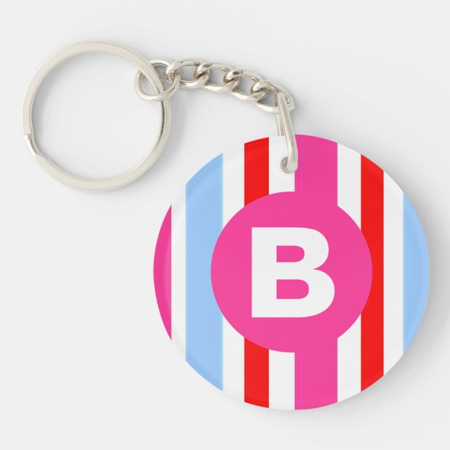 Bright Pink and Blue Candy Stripes Monogram Keychain (Front)