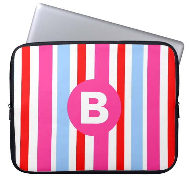 Bright Pink and Blue Candy Stripes Monogram Laptop Sleeve (Front)