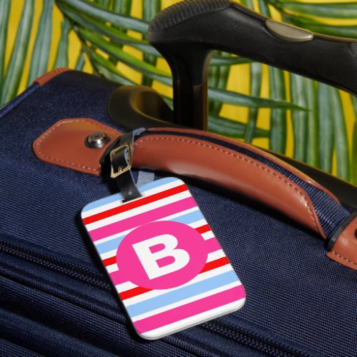 Bright Pink and Blue Candy Stripes Monogram Luggage Tag