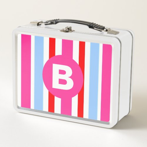 Bright Pink and Blue Candy Stripes Monogram Metal Lunch Box