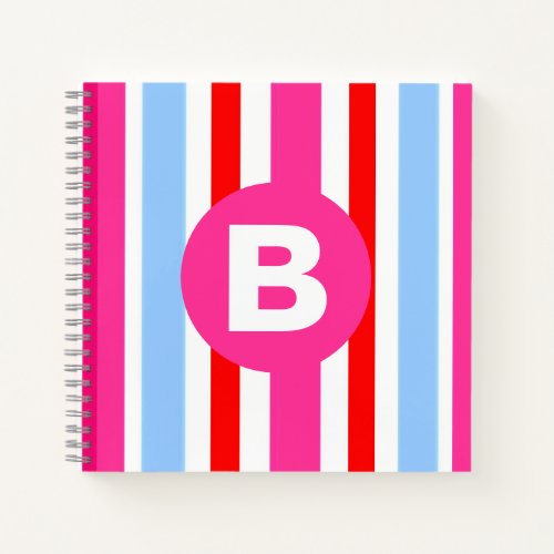 Bright Pink and Blue Candy Stripes Monogram Notebook