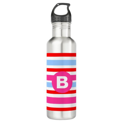 Bright Pink and Blue Candy Stripes Monogram Stainless Steel Water Bottle