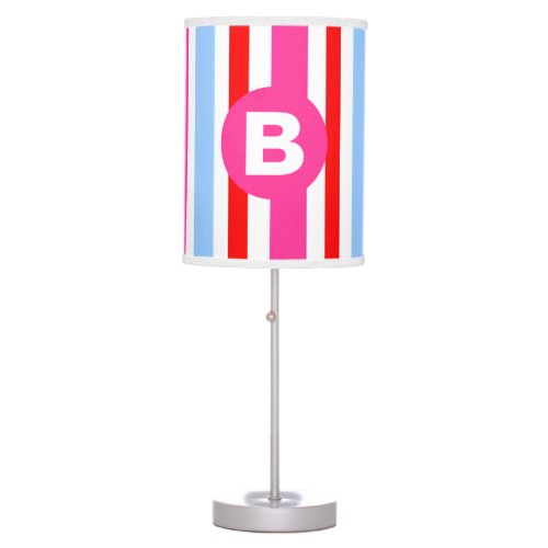 Bright Pink and Blue Candy Stripes Monogram Table Lamp