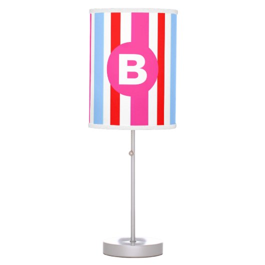 Bright Pink and Blue Candy Stripes Monogram Table Lamp (Front)