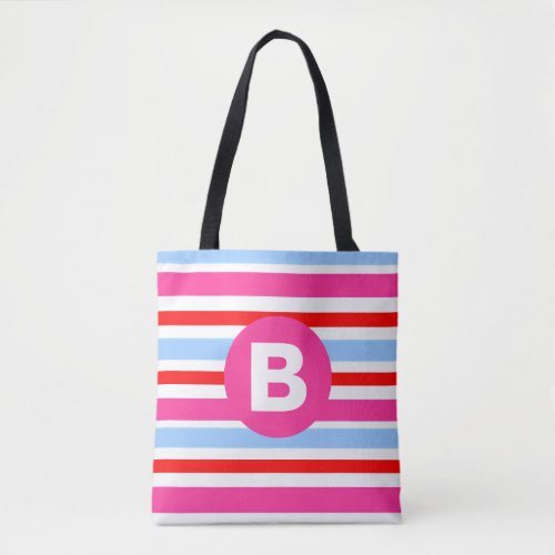 Bright Pink and Blue Candy Stripes Monogram Tote Bag