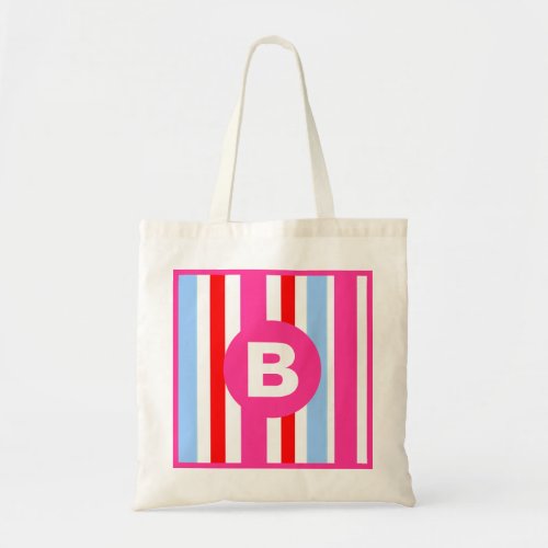 Bright Pink and Blue Candy Stripes Monogram Tote Bag