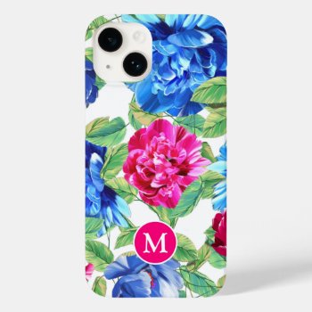 Bright Pink And Blue Floral Pretty Monogram Case-mate Iphone 14 Case by MissMatching at Zazzle