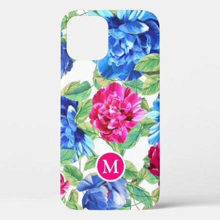 Bright Pink And Blue Floral Pretty Monogrammed Iphone 12 Case